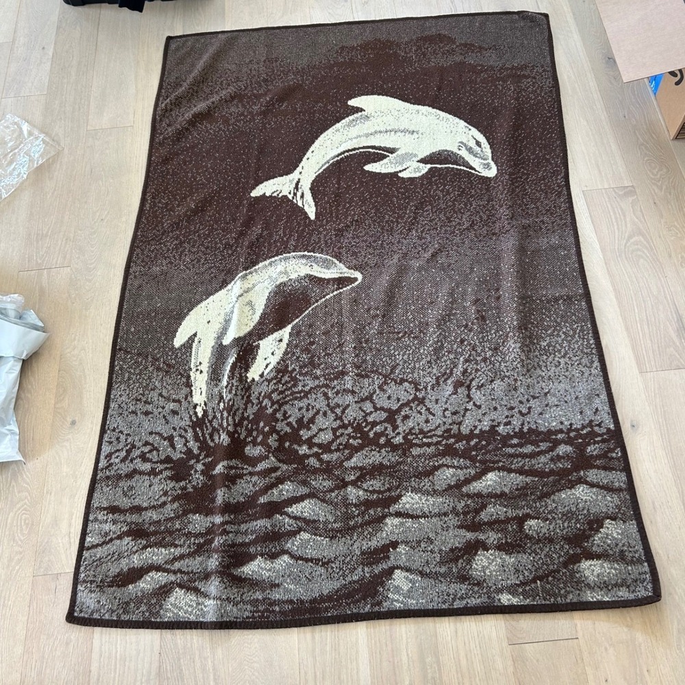 HUGE Vintage Dolphin Plush Fleece Throw Blanket Brown Cream Nautical Ocean 76x53